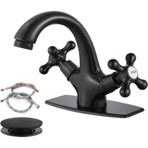 imagegotonovo Bathroom Sink Faucet Single Hole Double Cross Handle Knobs Lavatory Vessel Sink Mixer Tap Bathroom Faucet with Pop up Drain and Deck Cover Plate Polish GoldOil Rubbed Bronze