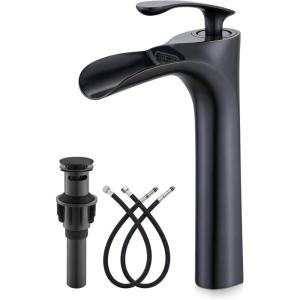imagegotonovo Tall Bathroom Faucets for Sink 1 Hole Single Handle Modern Vessel Sink Faucets Waterfall Spout with Water Hoses Solid Brass Vanity Bar Deck Mount with Pop Up Drain Matte BlackOil Rubbed Bronze