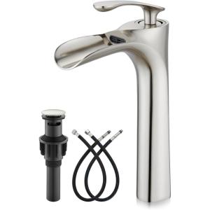 imagegotonovo Tall Bathroom Faucets for Sink 1 Hole Single Handle Modern Vessel Sink Faucets Waterfall Spout with Water Hoses Solid Brass Vanity Bar Deck Mount with Pop Up Drain Matte BlackBrushed Nickel