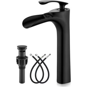 imagegotonovo Tall Bathroom Faucets for Sink 1 Hole Single Handle Modern Vessel Sink Faucets Waterfall Spout with Water Hoses Solid Brass Vanity Bar Deck Mount with Pop Up Drain Matte BlackMatte Black