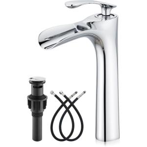 imagegotonovo Tall Bathroom Faucets for Sink 1 Hole Single Handle Modern Vessel Sink Faucets Waterfall Spout with Water Hoses Solid Brass Vanity Bar Deck Mount with Pop Up Drain Matte BlackPolish Chrome