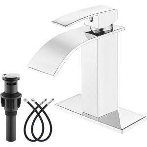 imagegotonovo Waterfall Bathroom Faucet Single Handle Bathroom Faucets for Sink 1 Hole Stainless Steel Modern Mixer Tap Wash Basin Faucet with Popup Drain Matte BlackPolish Chrome