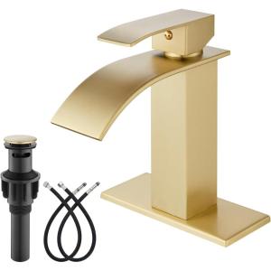 imagegotonovo Waterfall Bathroom Faucet Single Handle Bathroom Faucets for Sink 1 Hole Stainless Steel Modern Mixer Tap Wash Basin Faucet with Popup Drain Matte BlackBrushed Gold