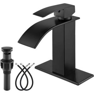 imagegotonovo Waterfall Bathroom Faucet Single Handle Bathroom Faucets for Sink 1 Hole Stainless Steel Modern Mixer Tap Wash Basin Faucet with Popup Drain Matte BlackMatte Black