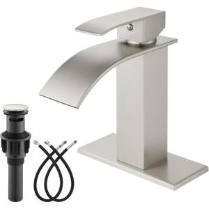 imagegotonovo Waterfall Bathroom Faucet Single Handle Bathroom Faucets for Sink 1 Hole Stainless Steel Modern Mixer Tap Wash Basin Faucet with Popup Drain Matte BlackBrushed Nickel