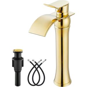 imagegotonovo Waterfall Vessel Sink Faucet for Sink 1 HoleSingle Handle Tall Bathroom Sink FaucetBrass Waterfall Bathroom Faucet Arc Body Mixer Tap with Pop Up Drain and Supply LinePolish GoldPolish Gold