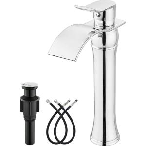 imagegotonovo Waterfall Vessel Sink Faucet for Sink 1 HoleSingle Handle Tall Bathroom Sink FaucetBrass Waterfall Bathroom Faucet Arc Body Mixer Tap with Pop Up Drain and Supply LinePolish GoldPolish Chrome