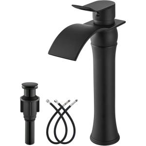imagegotonovo Waterfall Vessel Sink Faucet for Sink 1 HoleSingle Handle Tall Bathroom Sink FaucetBrass Waterfall Bathroom Faucet Arc Body Mixer Tap with Pop Up Drain and Supply LinePolish GoldMatte Black