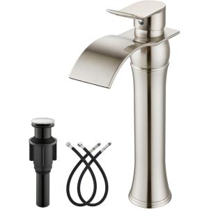 imagegotonovo Waterfall Vessel Sink Faucet for Sink 1 HoleSingle Handle Tall Bathroom Sink FaucetBrass Waterfall Bathroom Faucet Arc Body Mixer Tap with Pop Up Drain and Supply LinePolish GoldBrushed Nickel