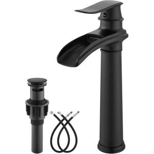imagegotonovo Waterfall Vessel Sink Faucet for Sink 1 HoleSingle Handle Tall Bathroom Sink FaucetBrass Waterfall Bathroom Faucet Round Body Mixer Tap with Pop Up Drain and Supply LineMatte BlackMatte Black
