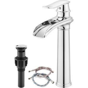 imagegotonovo Waterfall Vessel Sink Faucet for Sink 1 HoleSingle Handle Tall Bathroom Sink FaucetBrass Waterfall Bathroom Faucet Round Body Mixer Tap with Pop Up Drain and Supply LineMatte BlackPolish Chrome