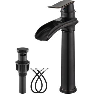 imagegotonovo Waterfall Vessel Sink Faucet for Sink 1 HoleSingle Handle Tall Bathroom Sink FaucetBrass Waterfall Bathroom Faucet Round Body Mixer Tap with Pop Up Drain and Supply LineMatte BlackOil Rubbed Bronze