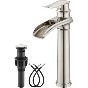 imagegotonovo Waterfall Vessel Sink Faucet for Sink 1 HoleSingle Handle Tall Bathroom Sink FaucetBrass Waterfall Bathroom Faucet Round Body Mixer Tap with Pop Up Drain and Supply LineMatte BlackBrushed Nickel