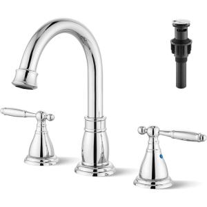 imagegotonovo 8 Inch Widespread Bathroom Faucet 3 Hole 2 Lever Handles Bathroom Sink Faucet with Pop Up Drain and Supply Hoses Modern Lavatory Mixer Tap Polish ChromePolish Chrome