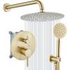 imagegotonovo 10 Inch Round Rain Shower System Wall Mounted Bathroom Mixer Combo Set High Pressure Shower Head with Rough in Valve Round Handheld Matte BlackBrushed Gold