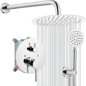 imagegotonovo 10 Inch Round Rain Shower System Wall Mounted Bathroom Mixer Combo Set High Pressure Shower Head with Rough in Valve Round Handheld Matte BlackPolish Chrome