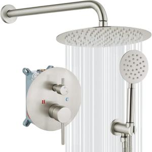 imagegotonovo 10 Inch Round Rain Shower System Wall Mounted Bathroom Mixer Combo Set High Pressure Shower Head with Rough in Valve Round Handheld Matte BlackBrushed Nickel