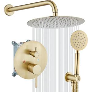 imagegotonovo 10 Inch Round Rain Shower System Wall Mounted Bathroom Mixer Combo Set High Pressure Shower Head with Rough in Valve Round Handheld Matte BlackBrushed Gold