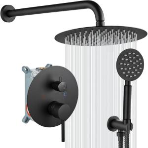 imagegotonovo 10 Inch Round Rain Shower System Wall Mounted Bathroom Mixer Combo Set High Pressure Shower Head with Rough in Valve Round Handheld Matte BlackMatte Black