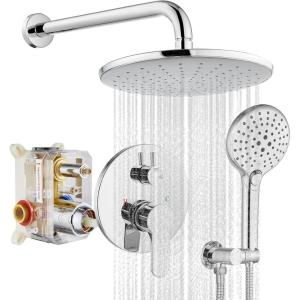 imagegotonovo 10 Inch Wall Mount Shower Faucet Set ABS Round Rain Shower Head with Handheld Spray Bathroom Shower System with Pressure Balance Valve Hot and Cold Water Polish ChromePolish Chrome