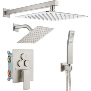 imagegotonovo Bathroom Shower Faucet Set Push Button Diverter Rainfall Showerhead and Handheld Set Shower Trim Kit Wall Mounted 10 Inch Showerhead with 6 Inch Head Brushed GoldBrushed Nickel