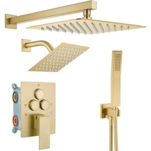 imagegotonovo Bathroom Shower Faucet Set Push Button Diverter Rainfall Showerhead and Handheld Set Shower Trim Kit Wall Mounted 10 Inch Showerhead with 6 Inch Head Brushed GoldBrushed Gold
