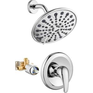 imagegotonovo Shower Faucet Set Bathroom Shower Head and Handle Set Complete 6 Settings 6 inch Rainfall Shower Head Kit High Pressure Shower System Combo Shower Trim Kit with Valve Matte BlackPolished Chrome