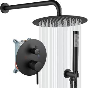 imagegotonovo Shower System 10 Inch Round Rainfall Showerhead Wall Mounted High Pressure Shower Faucet Set Fixture Combo with Rough in Valve and Cylindrical Handheld Spray Oil Rubbed BronzeMatte Black
