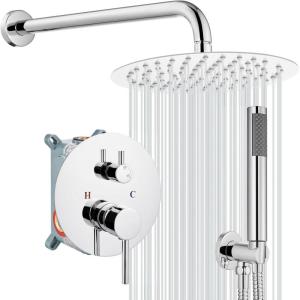 imagegotonovo Shower System 10 Inch Round Rainfall Showerhead Wall Mounted High Pressure Shower Faucet Set Fixture Combo with Rough in Valve and Cylindrical Handheld Spray Oil Rubbed BronzePolish Chrome