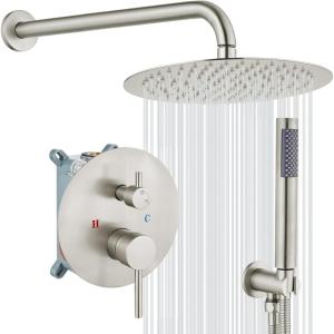 imagegotonovo Shower System 10 Inch Round Rainfall Showerhead Wall Mounted High Pressure Shower Faucet Set Fixture Combo with Rough in Valve and Cylindrical Handheld Spray Oil Rubbed BronzeBrushed Nickel