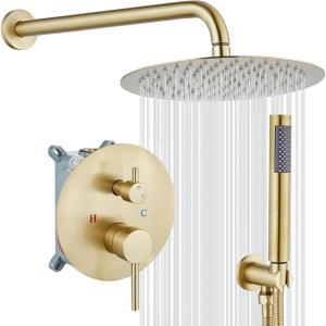 imagegotonovo Shower System 10 Inch Round Rainfall Showerhead Wall Mounted High Pressure Shower Faucet Set Fixture Combo with Rough in Valve and Cylindrical Handheld Spray Oil Rubbed BronzeBrushed Gold