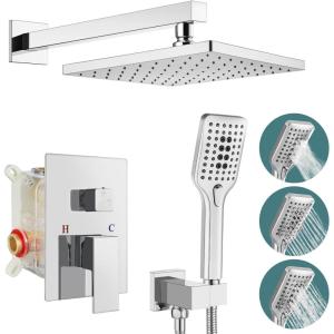 imagegotonovo Shower System Set with ABS Handheld Spray Polish Chrome 10 Inch Shower Head Luxury Wall Mounted Rain Mixer Shower Faucet Set AntiScald Pressure Balance Valve Roughin Valve Body and Trim Kit