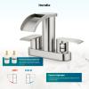 imagegotonovo 4 Inch Centerset Waterfall Bathroom Sink Faucet Deck Mount 2 Handle Basin Faucets 2 or 3 Hole with Pop Up Drain Included Lavatory Modern Mixer Tap Vanity Faucet Matte BlackBrushed Nickel