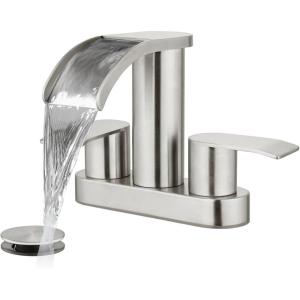 imagegotonovo 4 Inch Centerset Waterfall Bathroom Sink Faucet Deck Mount 2 Handle Basin Faucets 2 or 3 Hole with Pop Up Drain Included Lavatory Modern Mixer Tap Vanity Faucet Matte BlackBrushed Nickel