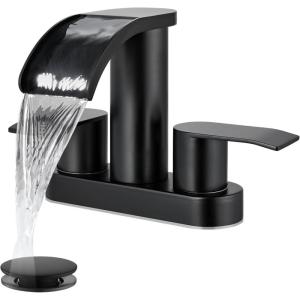 imagegotonovo 4 Inch Centerset Waterfall Bathroom Sink Faucet Deck Mount 2 Handle Basin Faucets 2 or 3 Hole with Pop Up Drain Included Lavatory Modern Mixer Tap Vanity Faucet Matte BlackMatte Black