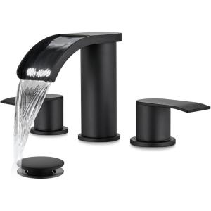 imagegotonovo Waterfall 8 inch Widespread Bathroom Faucet Set Bathroom Sink Faucet 3 Hole 2 Handle Vanity Lavatory Deck Mount with Pop Up Drain and Water Supply Lines Round Body Matte Black ampamp Brushed GoldMatte Black