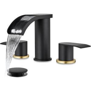 imagegotonovo Waterfall 8 inch Widespread Bathroom Faucet Set Bathroom Sink Faucet 3 Hole 2 Handle Vanity Lavatory Deck Mount with Pop Up Drain and Water Supply Lines Round Body Matte Black ampamp Brushed GoldMatte Black  Brushed Gold