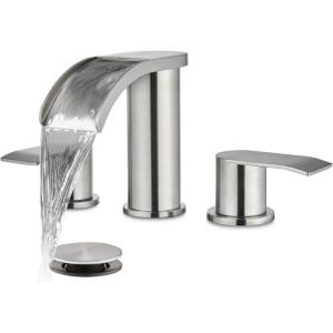 imagegotonovo Waterfall 8 inch Widespread Bathroom Faucet Set Bathroom Sink Faucet 3 Hole 2 Handle Vanity Lavatory Deck Mount with Pop Up Drain and Water Supply Lines Round Body Matte Black ampamp Brushed GoldBrushed Nickel