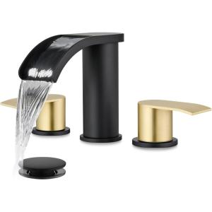 imagegotonovo Waterfall 8 inch Widespread Bathroom Faucet Set Bathroom Sink Faucet 3 Hole 2 Handle Vanity Lavatory Deck Mount with Pop Up Drain and Water Supply Lines Round Body Matte Black ampamp Brushed GoldBrushed Gold and Black