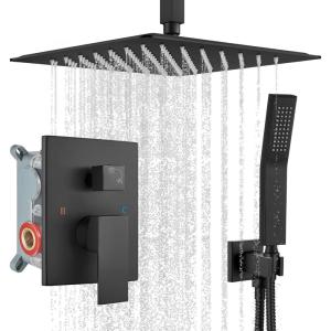 imagegotonovo Bathroom Rain Shower Combo Set Ceiling Mount with Handheld Spray High Pressure Luxury Mixer Trim Kit with Roughin Valve 2 Function 12 inch Shower Head Matte BlackMatte Black