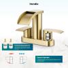 imagegotonovo 4 Inch Centerset Waterfall Bathroom Sink Faucet Deck Mount 2 Handle Basin Faucets 2 or 3 Hole with Pop Up Drain Included Lavatory Modern Mixer Tap Vanity Faucet Brushed GoldBrushed Gold
