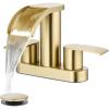 imagegotonovo 4 Inch Centerset Waterfall Bathroom Sink Faucet Deck Mount 2 Handle Basin Faucets 2 or 3 Hole with Pop Up Drain Included Lavatory Modern Mixer Tap Vanity Faucet Brushed GoldBrushed Gold