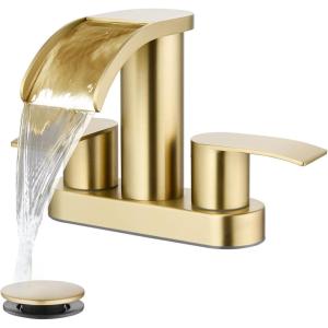 imagegotonovo 4 Inch Centerset Waterfall Bathroom Sink Faucet Deck Mount 2 Handle Basin Faucets 2 or 3 Hole with Pop Up Drain Included Lavatory Modern Mixer Tap Vanity Faucet Brushed GoldBrushed Gold