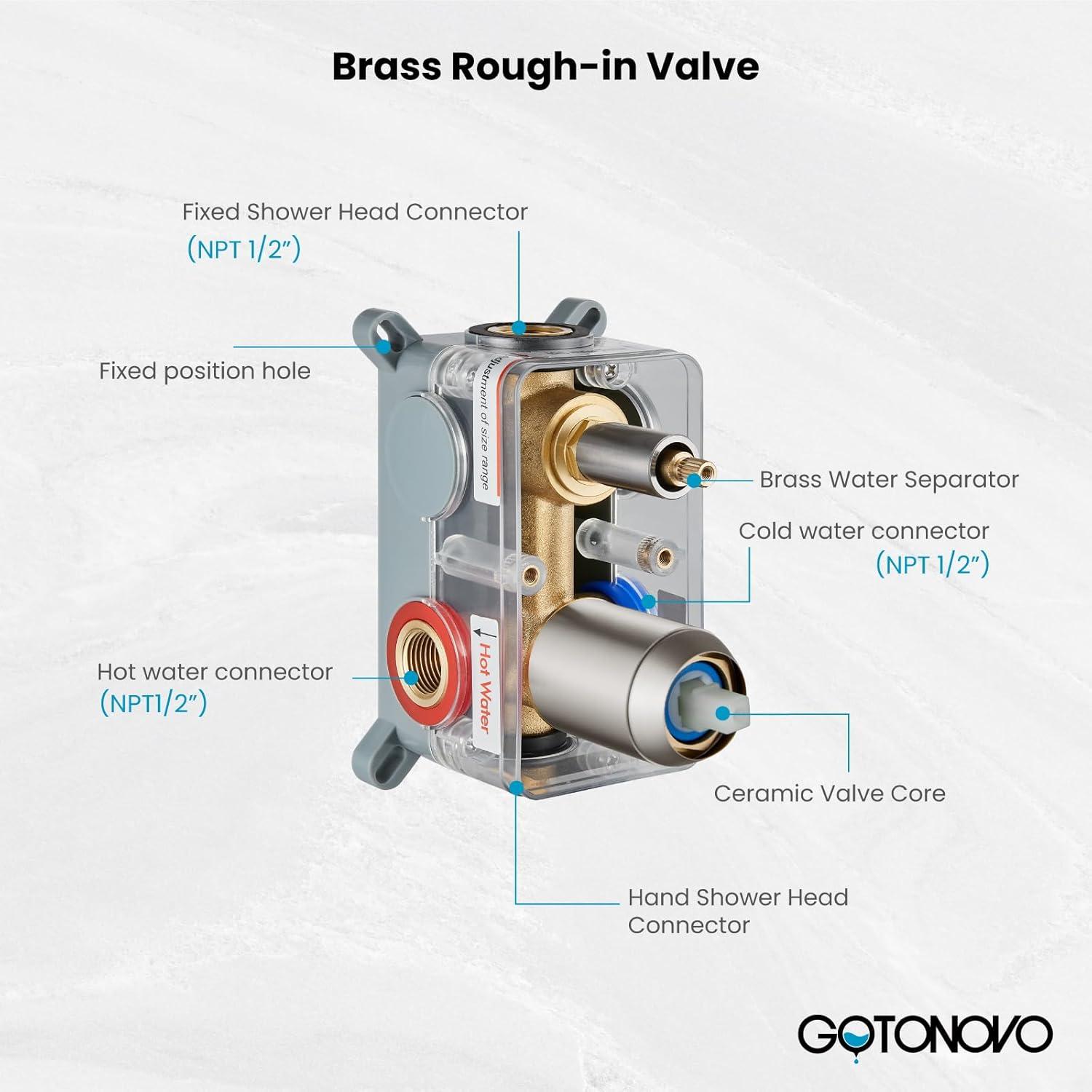 imagegotonovo Bathroom Shower Faucet Set with Slide Bar 12 inch Rainfall Shower Head with Handheld Spray Combo Shower Trim Kit Shower System Roughin Valve Included Wall Mounted Matte BlackBrushed Nickel