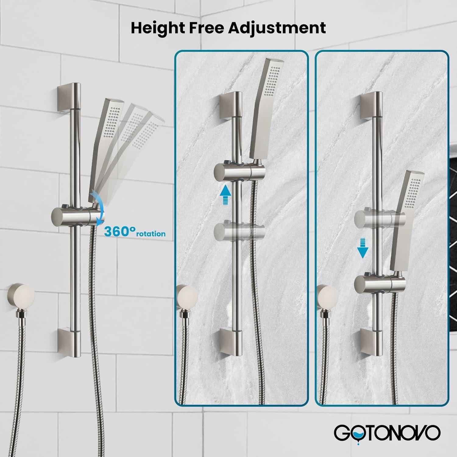 imagegotonovo Bathroom Shower Faucet Set with Slide Bar 12 inch Rainfall Shower Head with Handheld Spray Combo Shower Trim Kit Shower System Roughin Valve Included Wall Mounted Matte BlackBrushed Nickel