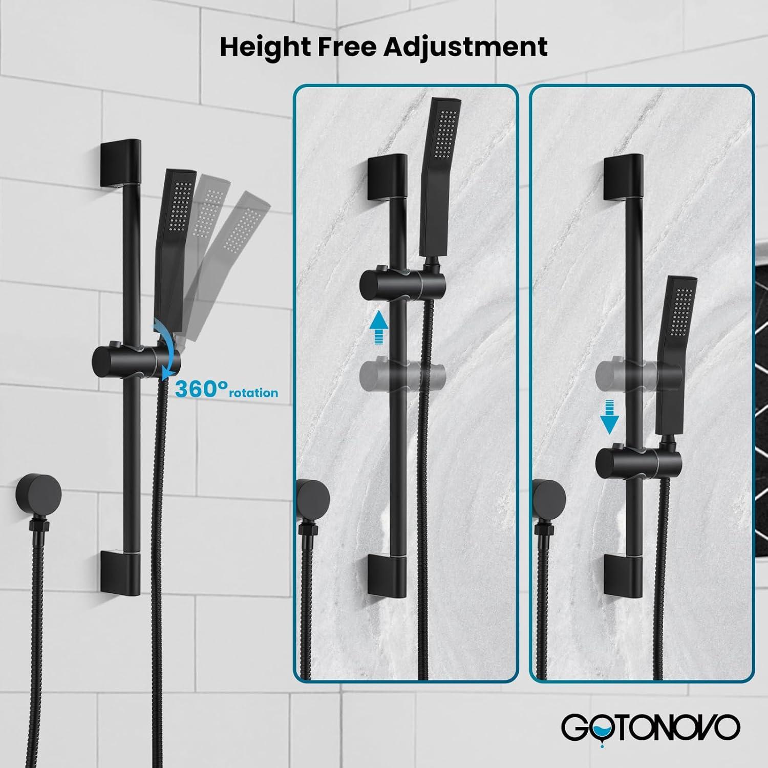 imagegotonovo Bathroom Shower Faucet Set with Slide Bar 12 inch Rainfall Shower Head with Handheld Spray Combo Shower Trim Kit Shower System Roughin Valve Included Wall Mounted Matte BlackMatte Black