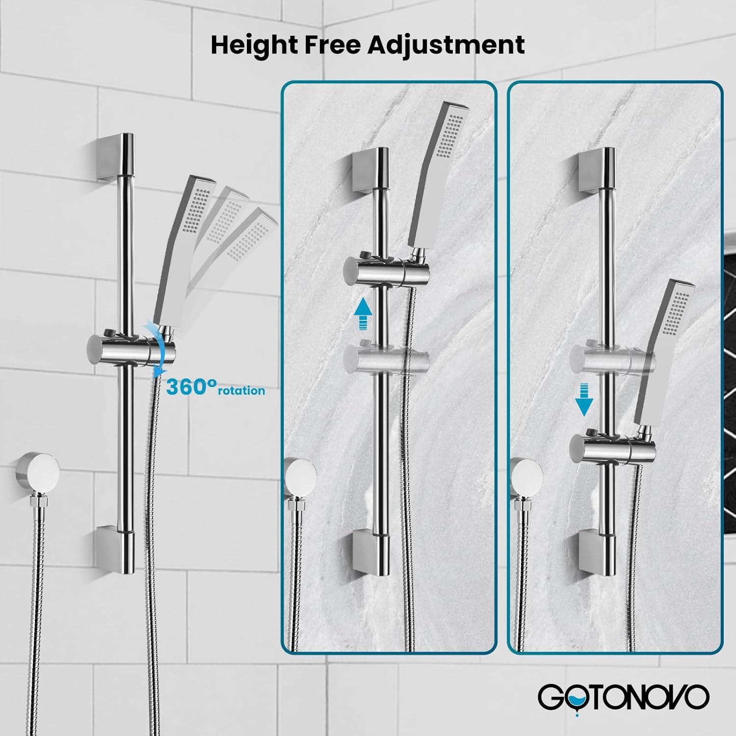 imagegotonovo Bathroom Shower Faucet Set with Slide Bar 12 inch Rainfall Shower Head with Handheld Spray Combo Shower Trim Kit Shower System Roughin Valve Included Wall Mounted Matte BlackPolished Chrome