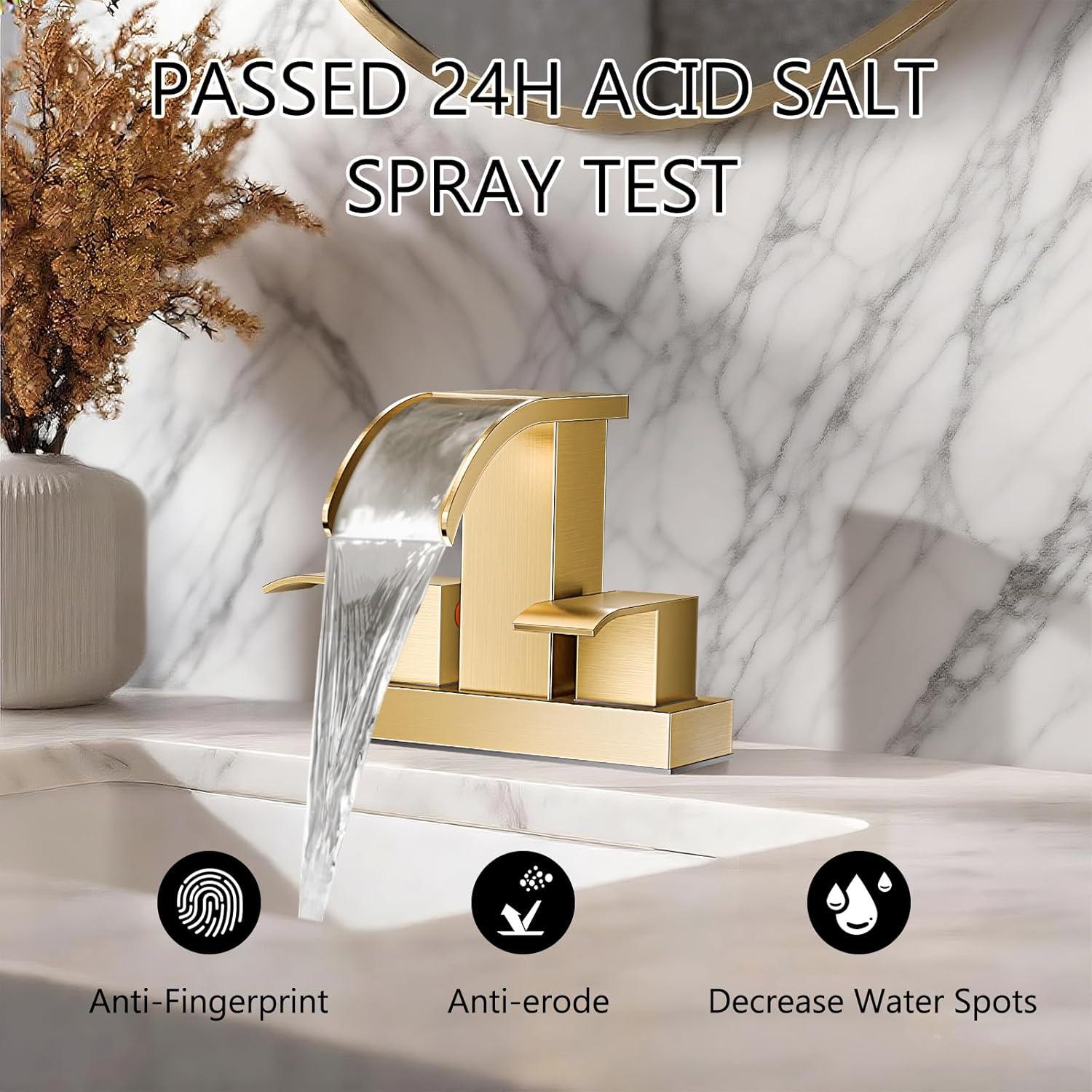 imagegotonovo Waterfall 4 Inch Centerset Bathroom Sink Faucet 2 Handle Basin Faucets 2 or 3 Hole Deck Mount with Pop Up Drain Included Lavatory Modern Mixer Tap Vanity Faucet Brushed GoldBrushed Gold