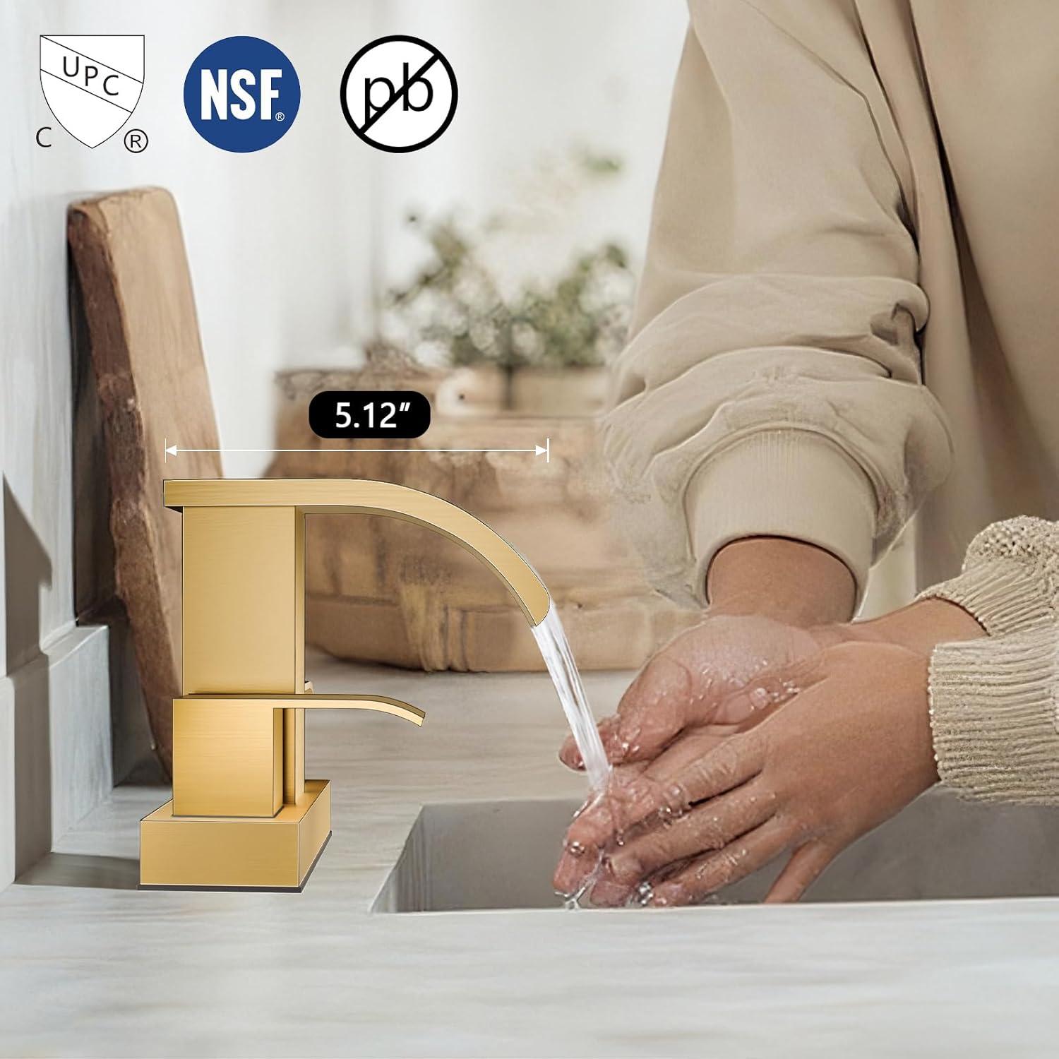 imagegotonovo Waterfall 4 Inch Centerset Bathroom Sink Faucet 2 Handle Basin Faucets 2 or 3 Hole Deck Mount with Pop Up Drain Included Lavatory Modern Mixer Tap Vanity Faucet Brushed GoldBrushed Gold