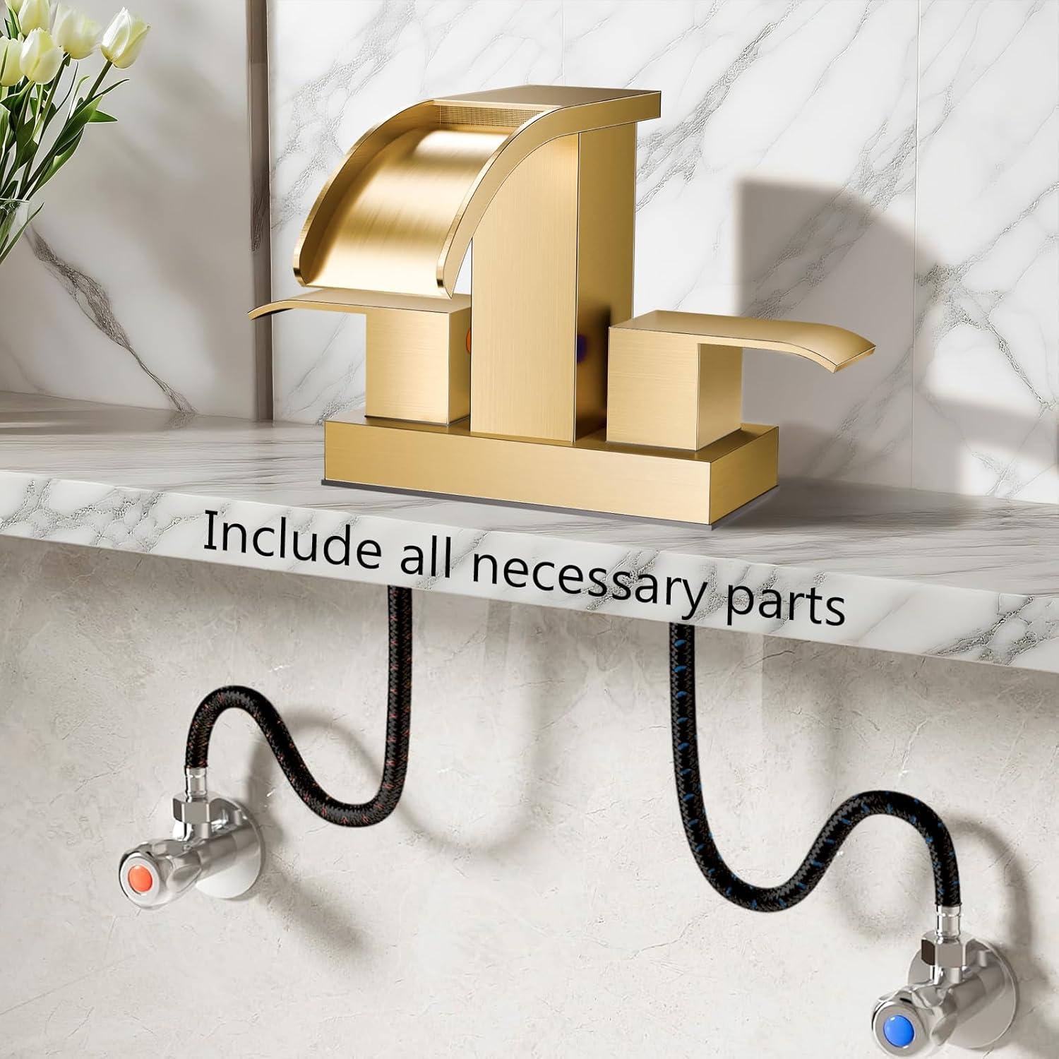 imagegotonovo Waterfall 4 Inch Centerset Bathroom Sink Faucet 2 Handle Basin Faucets 2 or 3 Hole Deck Mount with Pop Up Drain Included Lavatory Modern Mixer Tap Vanity Faucet Brushed GoldBrushed Gold
